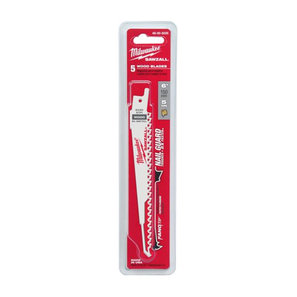 Milwaukee 150mm x 5tpi Sawzall Fangtip Nail Guard Sabre Blade - 5pc 48005035