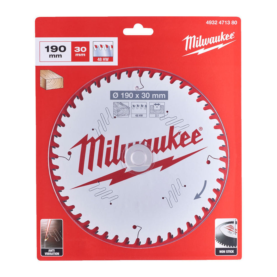 Milwaukee 190mm x 30mm x 48 Tooth Wood Cutting Circular Saw Blade - 4932471380