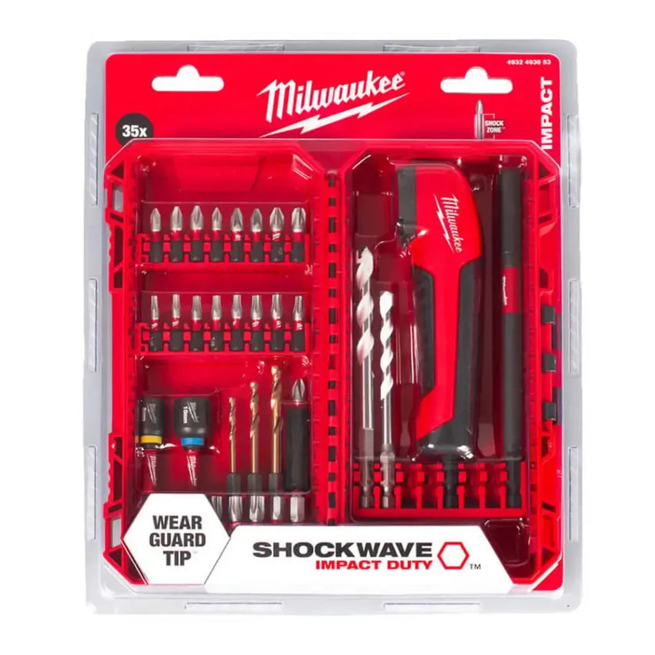 Milwaukee 35 Piece Shockwave Set with Right Angle Drill & Bits  4932493653