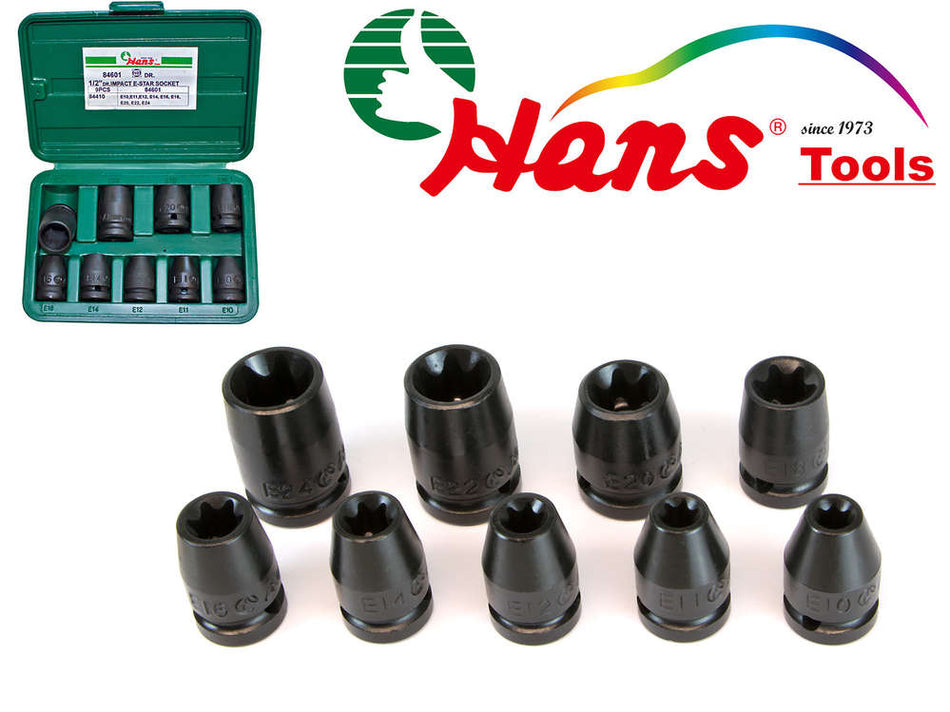 Hans 1/2" Drive Impact Hex Socket Set 1/4 - 3/4" E10-E24
