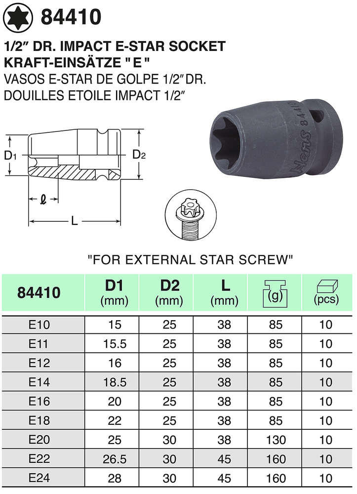 Hans 1/2" Drive Impact Hex Socket Set 1/4 - 3/4" E10-E24