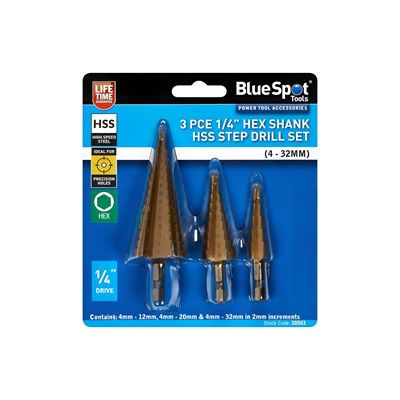BlueSpot  pc Hex Shank HSS Step Drill Set (4 - 32mm) 57BS20501