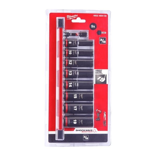 Conlan Oils Milwaukee 3/8" Shockwave deep impact duty socket rail set with 9 chrome-molybdenum steel sockets.