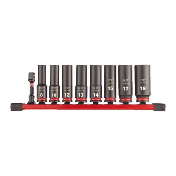 Conlan Oils Milwaukee 3/8" Shockwave deep impact duty socket rail set with 9 chrome-molybdenum steel sockets.
