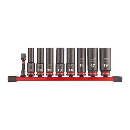 Conlan Oils Milwaukee 3/8" Shockwave deep impact duty socket rail set with 9 chrome-molybdenum steel sockets.