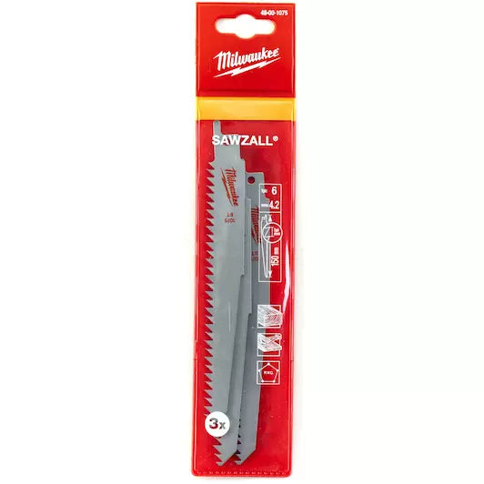 Milwaukee Wood & Plastics Sawzall Blades 150mm x 6tpi  - 3pc 48001075