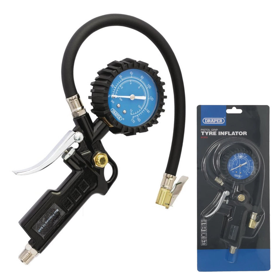 Draper Pistol Grip Air Tyre Inflator with Dial Gauge – 91273 | 12 Bar / 170 PSI
